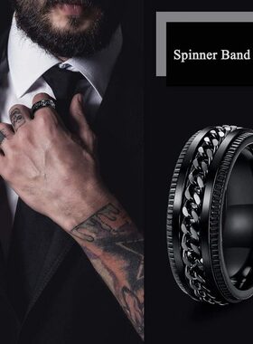 2024跨境电商亚马逊新款转动压套装戒指黑色士不锈钢指环饰品