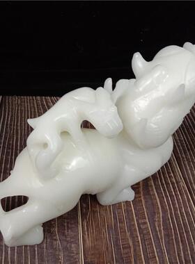 天然白玉貔貅摆件玉石大号母子貔一对客厅办公室玄关装饰品摆件