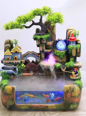 客厅假山流水喷泉循环水小高山小型瀑布山水鱼缸水景装饰造景