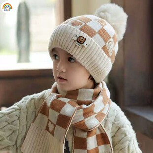 彩虹房子秋冬男女儿童围巾毛线帽两件套