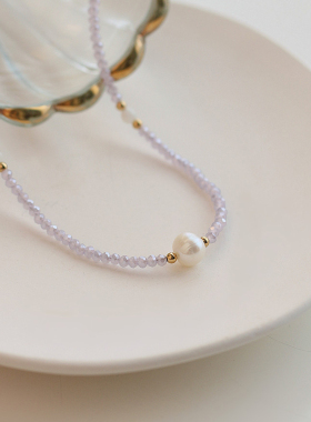 现货2023年新款紫色水晶串珠项链女锁骨链夏巴洛克珍珠简约choker