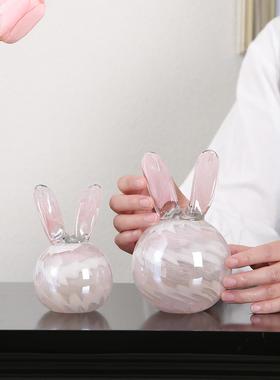 釉面粉红玉兔饰品现代休闲创意客厅，书房，卧室桌面可爱兔子家居