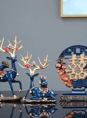 禄神专用红色大小梅花鹿摆件玄关酒柜装饰品树脂喜字乔新居结婚