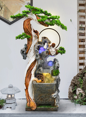 土宫崖柏木雕落地流水生财摆件客厅楼梯拐角装饰阳台喷泉鱼池造景