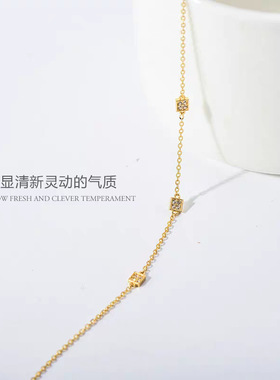 韩款s925纯银镀14k金手链 时尚闪亮锆石镶嵌正方形吊手饰礼品