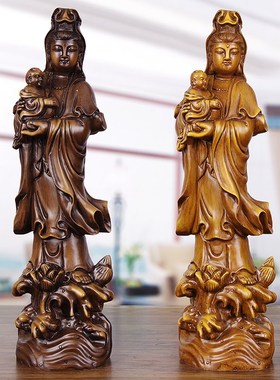 速发实木雕送子南海观世音菩萨站像佛像家用客厅供奉