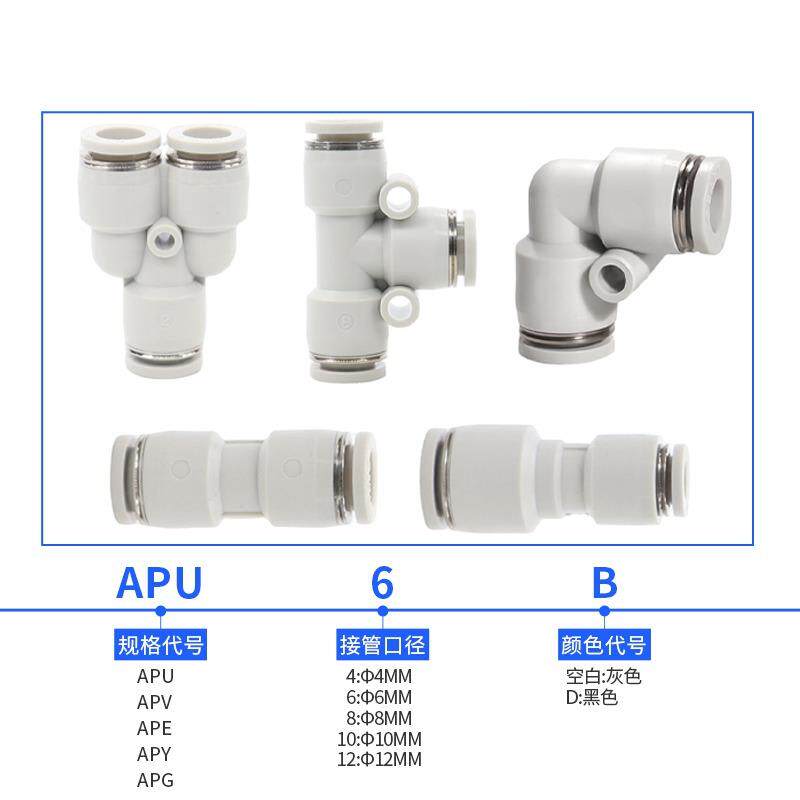 亚德客型气管接头直通三通快插APU6/APY/APE4 8 10 12变径APG/APV - 图0