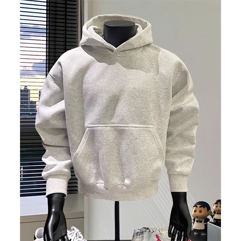 白灰色短宽boxy卫衣男连帽秋冬加绒加厚cleanfit外套重磅硬挺帽衫