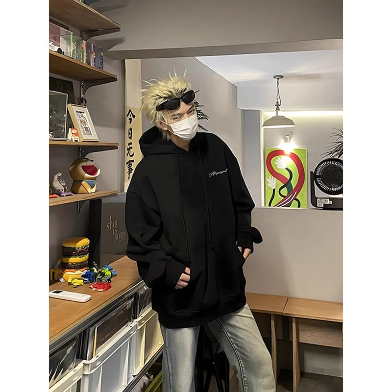 500g重磅美式黑色卫衣外套男生秋季穿搭oversize潮牌高级感连帽衫