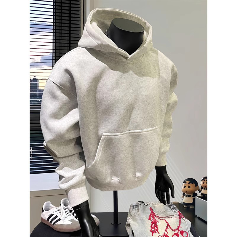 白灰色短宽boxy卫衣男连帽秋冬加绒加厚cleanfit外套重磅硬挺帽衫
