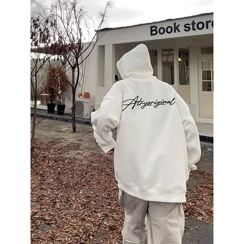 500g重磅美式黑色卫衣外套男生秋季穿搭oversize潮牌高级感连帽衫