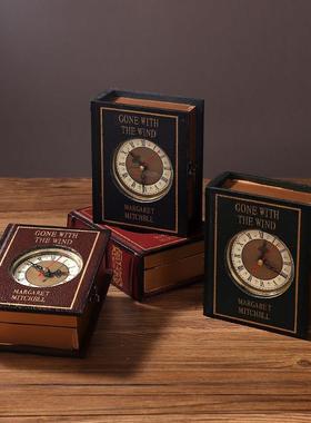 复古木质书形钟表假书摆件家用客厅酒柜桌面装饰品收纳盒拍照道具