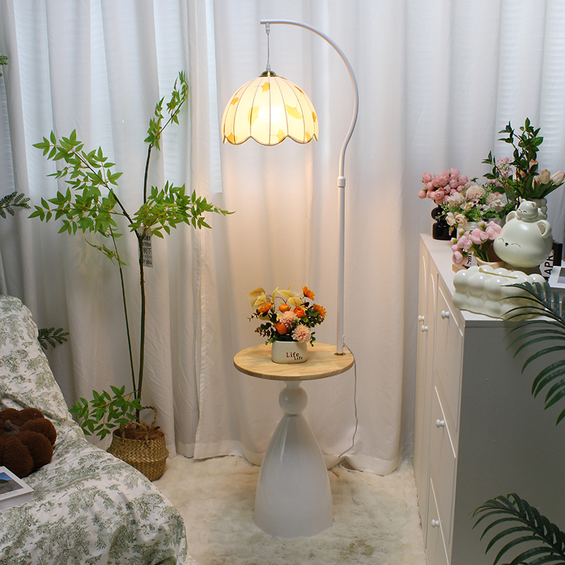 法式奶油茶几落地灯客厅卧室沙发边几中古风置物架床头柜台灯一体 - 图1