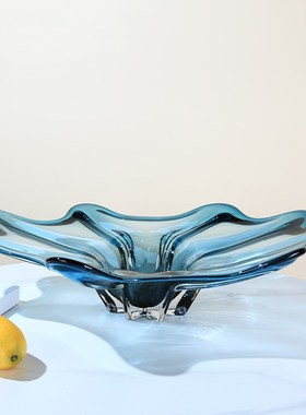 极简艺术玻璃荷叶大果盘蓝色现代客厅茶几样板间售楼处桌面收纳盘