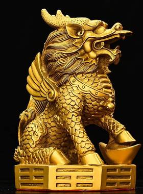 铜麒麟摆件一对纯黄铜踩八卦麒麟家居办公室商铺客厅公司饰工艺礼