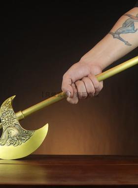 纯黄铜斧头摆件实心大号长斧子手把件把玩武器模型冷兵器开山斧钺