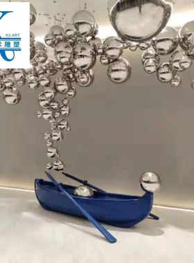 厂家直销玻璃钢蓝色木船雕塑 楼盘玄关大厅迎宾装饰 园林景观雕塑