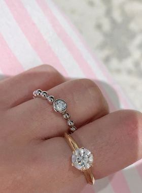 S925纯银镀厚金经典泡泡钻戒指圆珠单钻小众高级感精致叠戴钻戒女