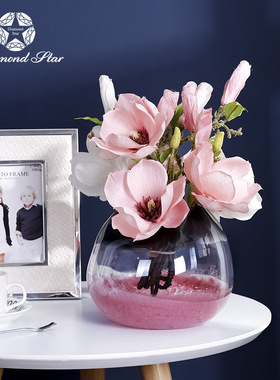 田园风格粉色新春开运扁口个性创意玻璃花瓶插花器家居装饰摆件