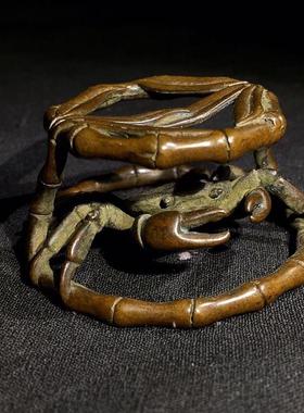 仿古纯铜竹笼螃蟹茶道盖置小摆八方来财铜螃蟹茶道茶宠器具铜雕件