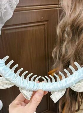 奶蓝碎花珍珠法式清新香蕉夹碎花蝴蝶结发夹甜美可爱