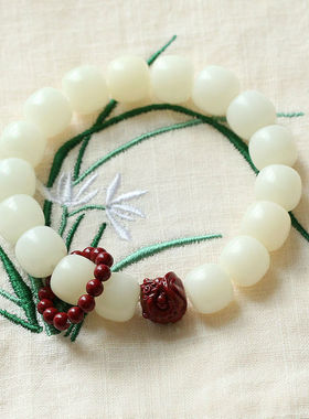 天然白玉菩提根桶珠手链朱砂醒狮手持盘串文玩手串绕指柔跑环