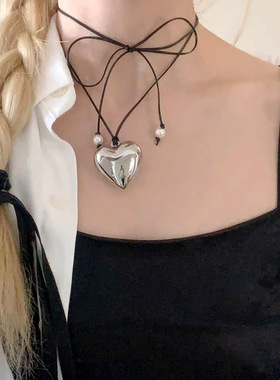 欧美跨境饰品抽拉可调节蜡线choker项饰简约个性大爱心吊坠项链