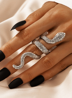 欧美外贸酷帅男士蛇纹指环 朋克风蛇形动物复古夸张四件套戒指