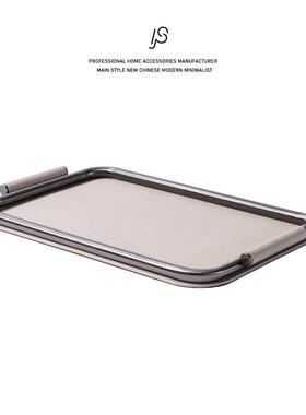 轻奢简约米灰色皮革不锈钢托盘样板间创意装饰盘客厅收纳盘香薰盘