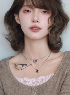 西迟贝壳小猫爱心双层叠戴猫系少女项链可调节