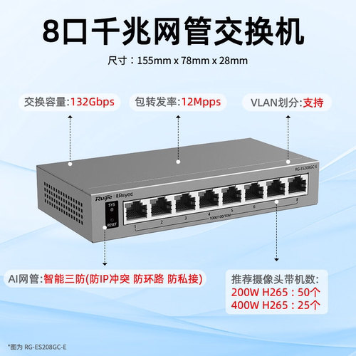锐捷睿易8口全千兆交换机RG-ES208GC-E AI云网管型网络集线器 智能三防 VLAN划分 端口防雷 官方旗舰店 - 图0