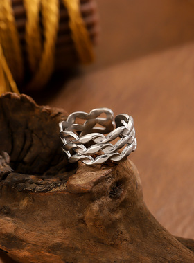 个性嘻哈不锈钢条纹指环小众设计感复古流行真金电镀钛钢指戒