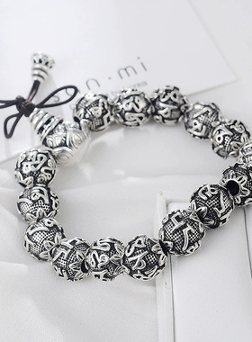 仿S99银3D硬古银招财貔貅手链男士佛珠手串六字真言跨境饰品