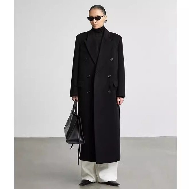黑色双面羊绒外套女2025秋冬极简风经典长款西装羊毛毛呢正肩大衣,淘宝优惠券,粉丝福利购,淘宝优惠卷