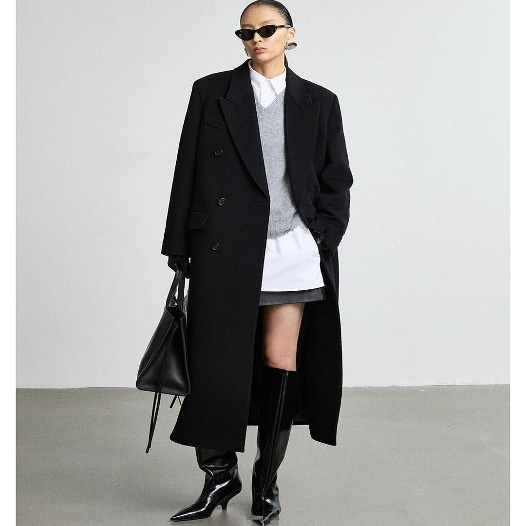 黑色双面羊绒外套女2025秋冬极简风经典长款西装羊毛毛呢正肩大衣,淘宝优惠券,粉丝福利购,淘宝优惠卷
