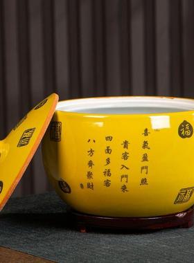 景德镇高档黄色陶瓷聚宝盆带盖客厅家居装饰品摆件办公室玄关储物