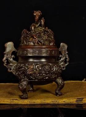 黄铜中式九龙鼎九龙丹炉大明宣德三足香炉塔香炉家用茶道茶艺摆件