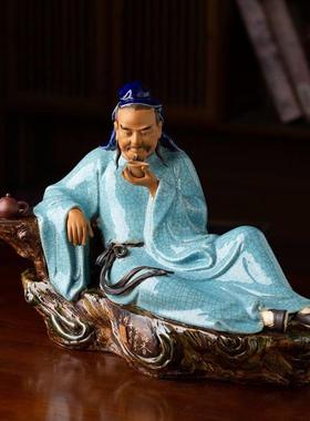 美陶茶圣陆羽品茶历史人物家居茶室会所禅意装饰石湾公仔陶瓷摆件