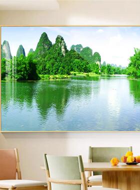 现代简约客厅装饰画绿色山水风景饭厅过道晶瓷挂画高山流水湖泊画