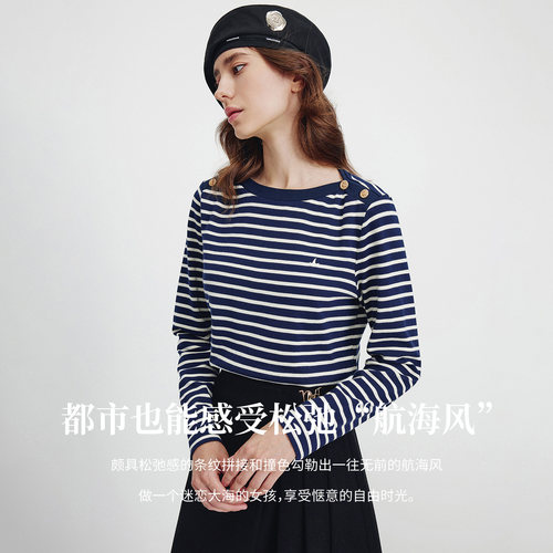 Navigare小帆船春季新款休闲圆领长袖T恤女士纯棉正肩条纹体恤衫 - 图1