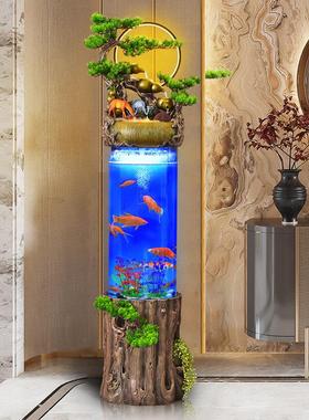 新中式流水生财鱼缸摆件客厅落地圆柱形金鱼缸免换水景喷泉加湿器