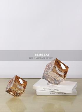 现代轻奢灰色方形水晶摆件样板房客厅茶几桌面咖色方块创意装饰品