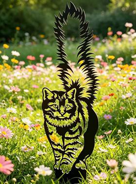 蓬松尾巴的波斯猫剪影宠物猫雕塑复古花园装饰地插金属猫咪摆件