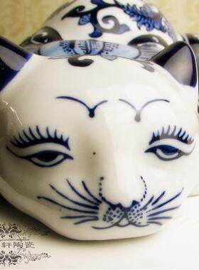 中式陶瓷青花瓷花猫覆古欧式风桌面动物装饰摆饰