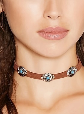 欧美跨境绒布铆钉皮质颈链 6件套手链套装绿松石耳环珠宝首饰