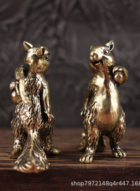 黄铜复古做旧创意树枝松鼠摆件动物客厅儿童房间桌面家居装饰