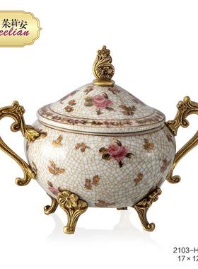 茱莉安奢华法式浪漫陶瓷镶铜果碟欧式精美艺术彩绘桌面装饰摆件