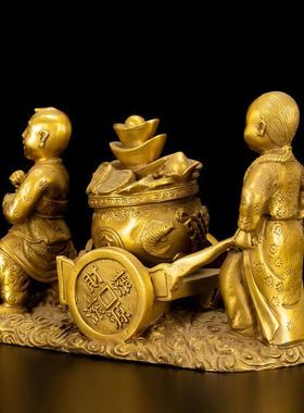 吉祥纯铜运财童子推车 挑财送财摆件 招财招贵人家居装饰开业礼品