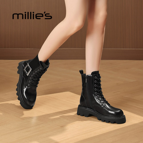 MILLIE'S/妙丽秋冬新款马丁靴女英伦风厚底增高短靴百搭休闲靴子 - 图2