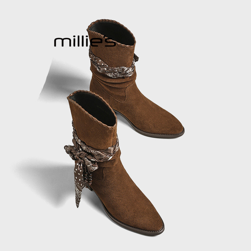 MILLIE'S/妙丽棕色麂皮堆堆靴女丝巾绑带西部风中筒靴不累脚短靴Z,淘宝优惠券,粉丝福利购,淘宝优惠卷